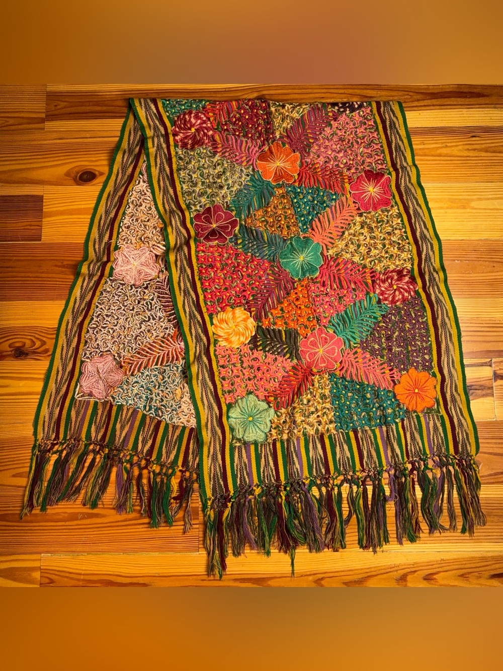 VINTAGE Hand Embroidered Mexican Floral Table Runner 66"